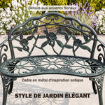 Banc de Jardin 2 Places Style néo-rétro Motif Rose Lignes fuselées 100L x 54l x 78H cm Fonte d'aluminium Vert