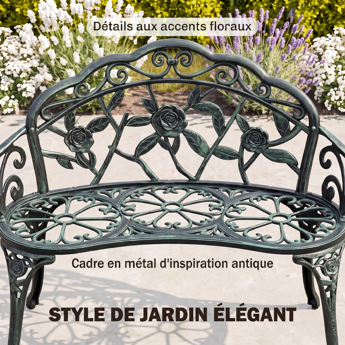 Banc de Jardin 2 Places Style néo-rétro Motif Rose Lignes fuselées 100L x 54l x 78H cm Fonte d'aluminium Vert