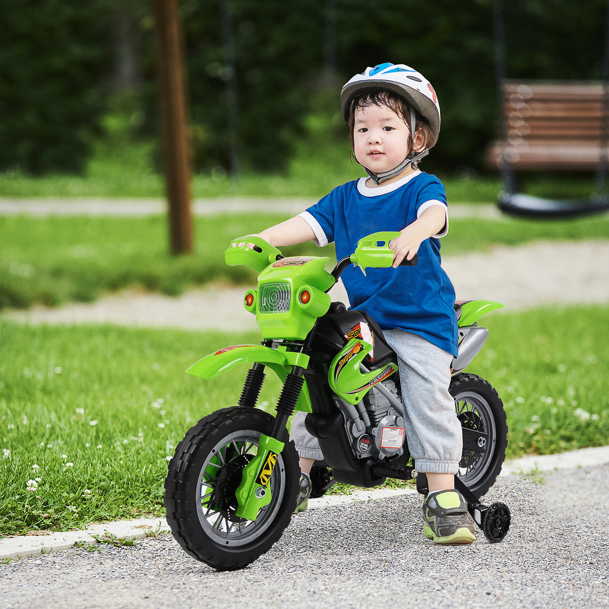 Elektro-Motorrad für Kinder, Kinder-Motocross mit 6-V-Batterie, Scheinwerfern, Musik und Stützrädern, 3 bis 6 Jahre, Traglast 25 kg, Grün und Schwarz