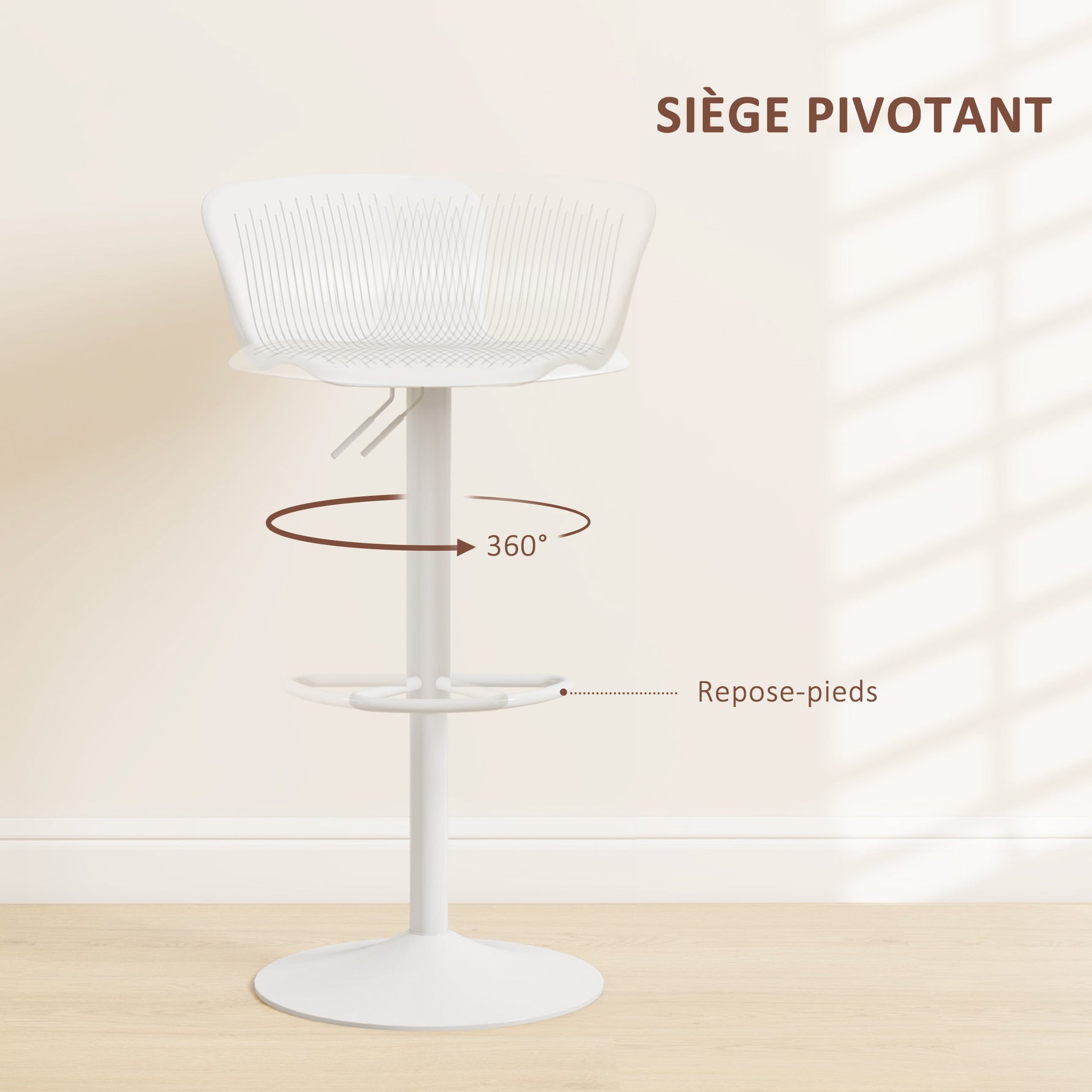 Lot de 2 tabourets de bar, chaises de bar réglable en hauteur, dossier et repose-pieds, 38,5x40x76,5-97,5cm, blanc