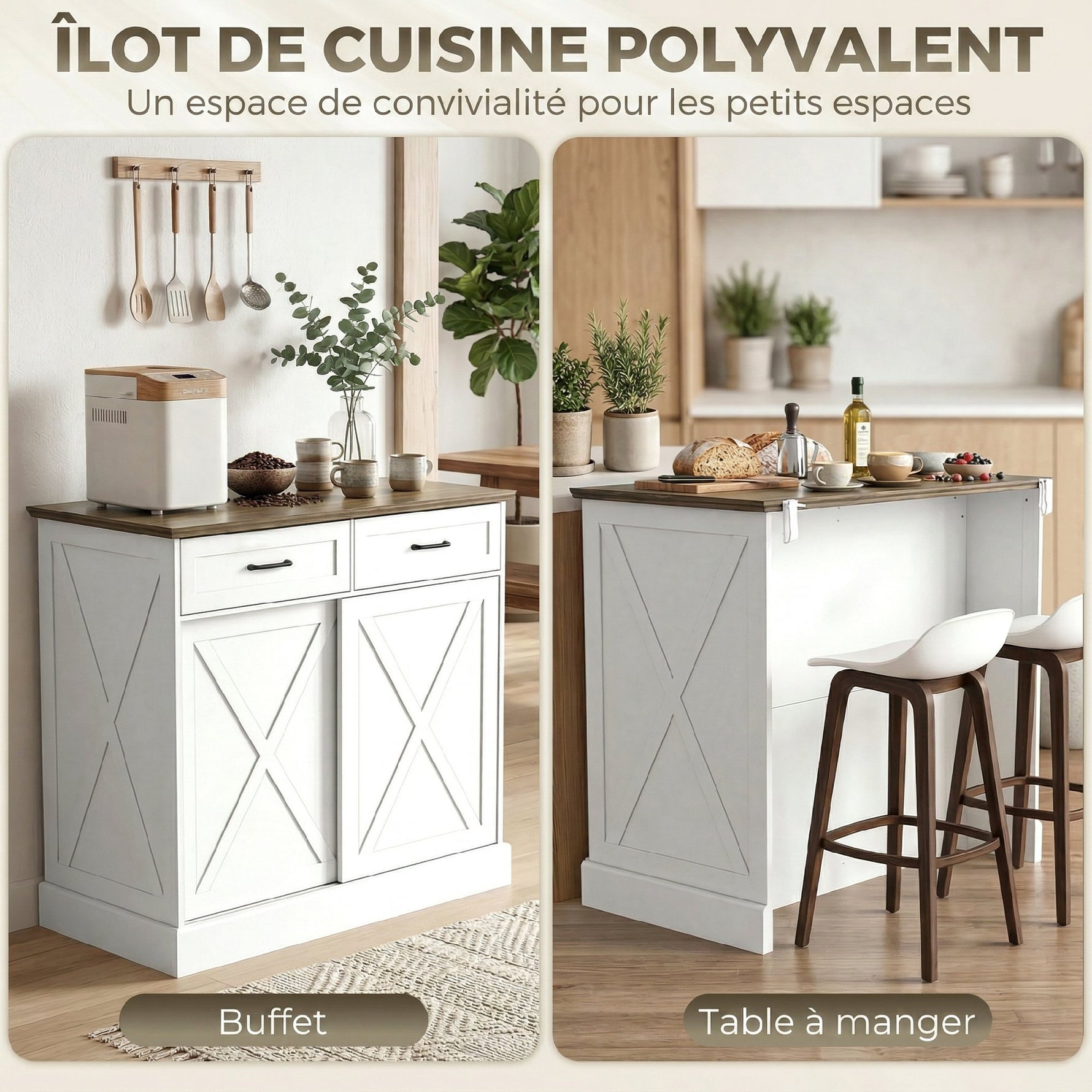 Îlot central cuisine, buffet cuisine, meuble de rangement avec 2 tiroirs 2 portes coulissantes, étagère réglable, blanc