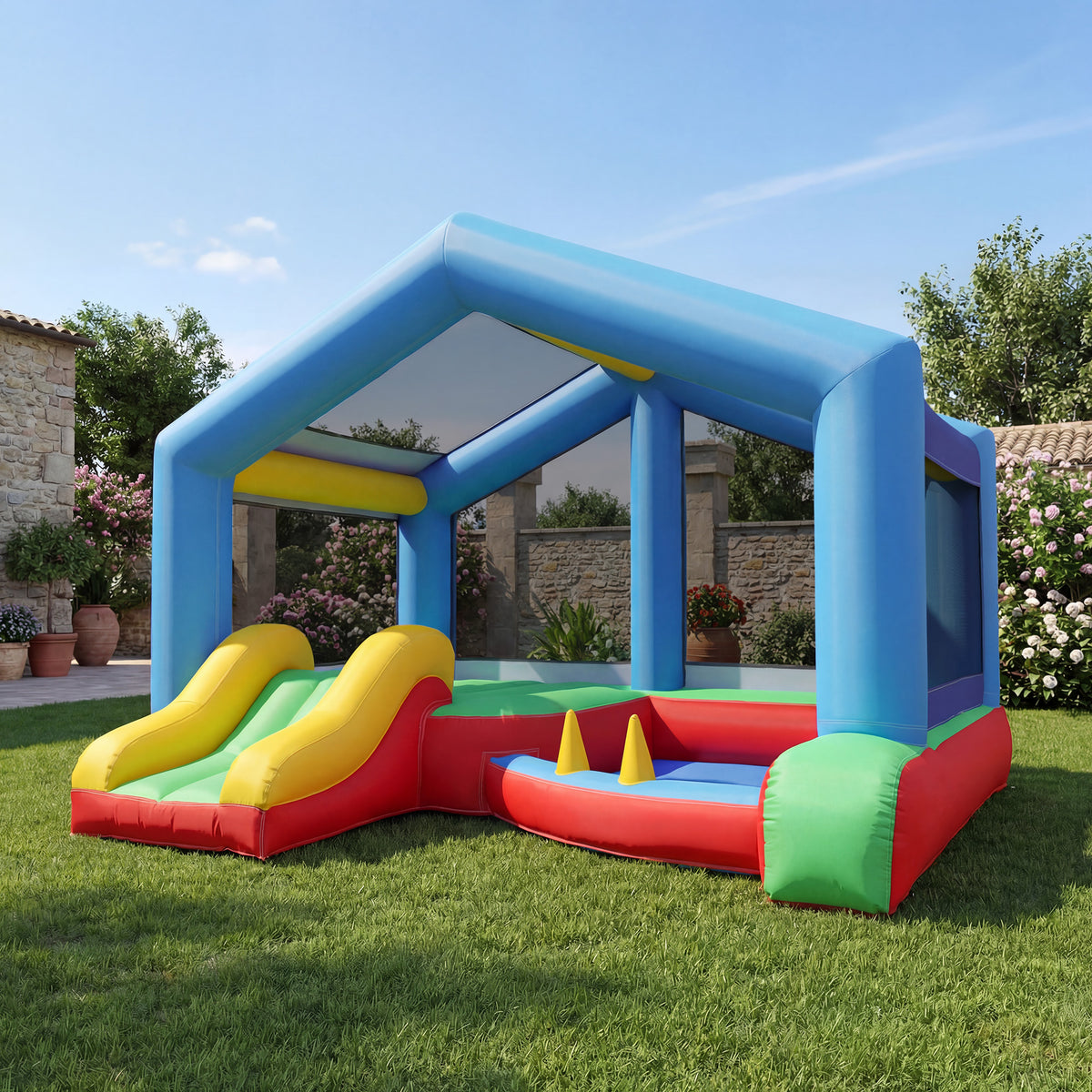 Château gonflable 4 en 1, aire de jeux avec souffleur, toboggan, piscine à balles, jeu de lancer d'anneaux, multicolore