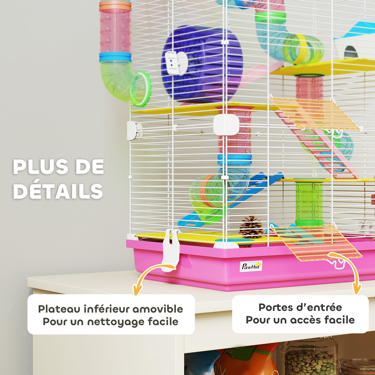 Cage pour Hamster Rongeur 5 Étages avec Tunnels, Mangeoire, Roue, Maison, Échelles, 46 x 30 x 58 cm, Rose