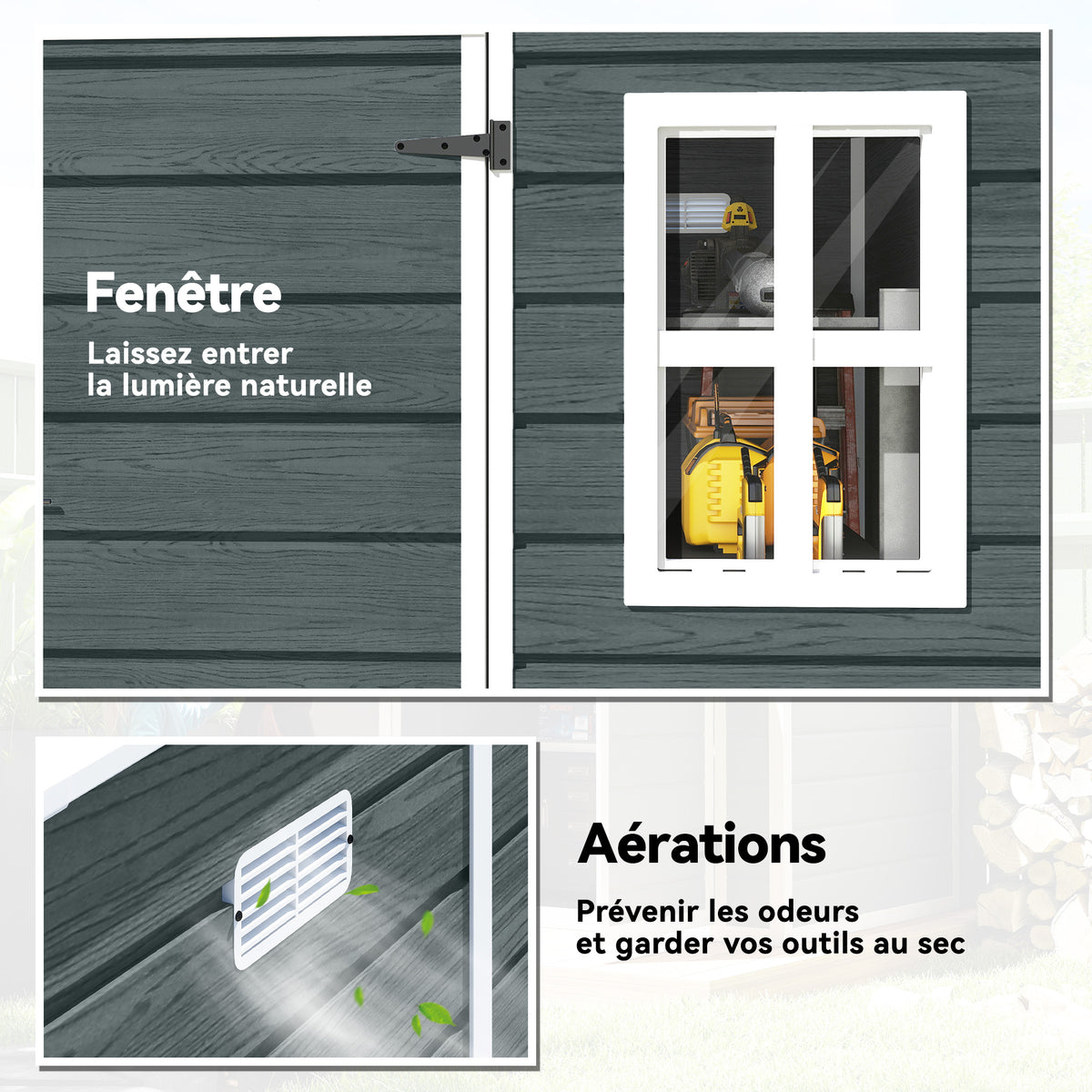 Abri de Jardin Cabanon de Stockage Plancher Structure Aluminium 3 Fenêtres 2 Aérations 182x182x183cm Gris Effet Bois