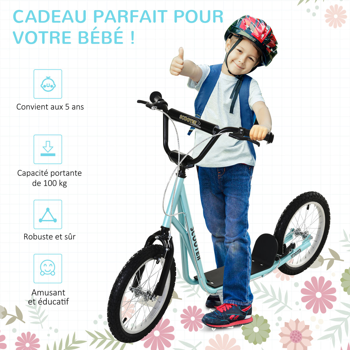 Trottinette patinette pour Enfants à partir de 5 Ans Grands pneus en Caoutchouc Guidon réglable poignée Frein et béquille Acier Charge max. 100 Kg Bleu
