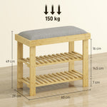 Banc à chaussures en bambou, étagère à chaussures à 3 niveaux, style scandinave, 60 x 29 x 49 cm, gris et bois naturel