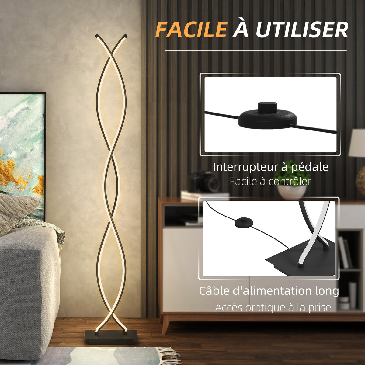 Lampadaire sur pied salon, lampe salon 3 niveaux de luminosité réglables à double spirale avec interrupteur à pied, noir