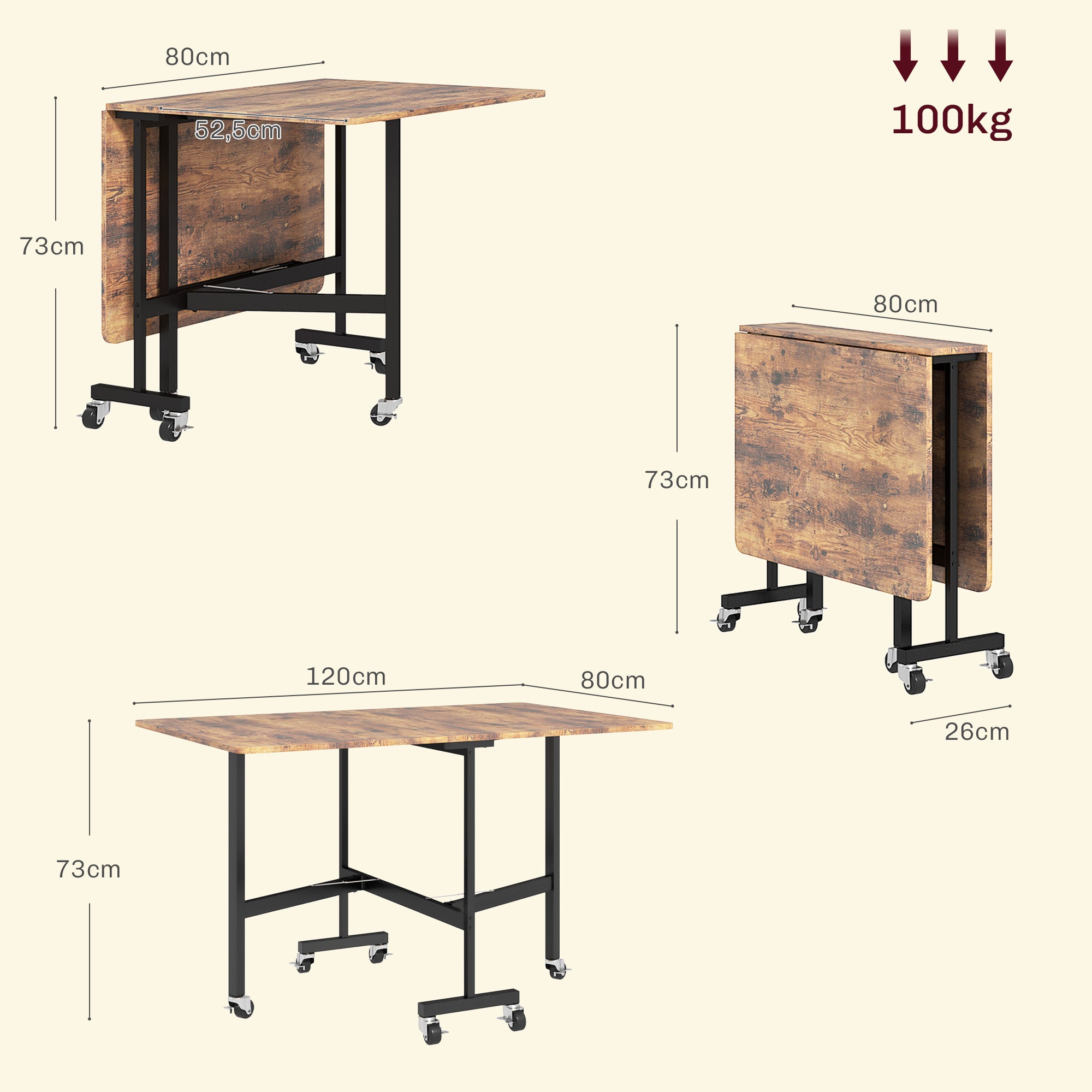 Table pliante cuisine table à manger pliable avec 2 abattants 6 roues pour 4-6 personnes 120 x 80 x 73 cm, brun rustique