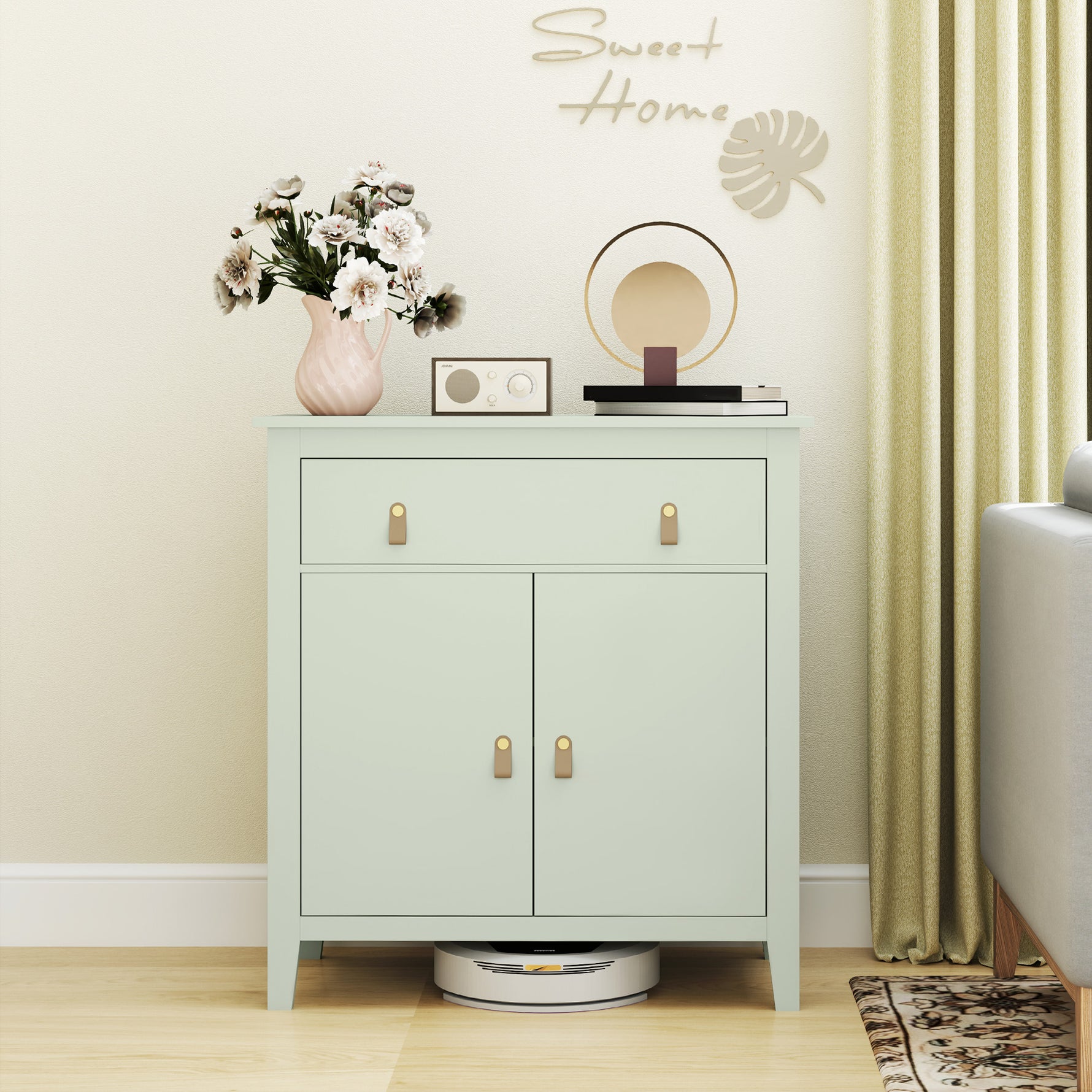 Buffet salon, meuble de rangement avec tiroir, double porte, étagère réglable, 80 x 40 x 90 cm, vert clair