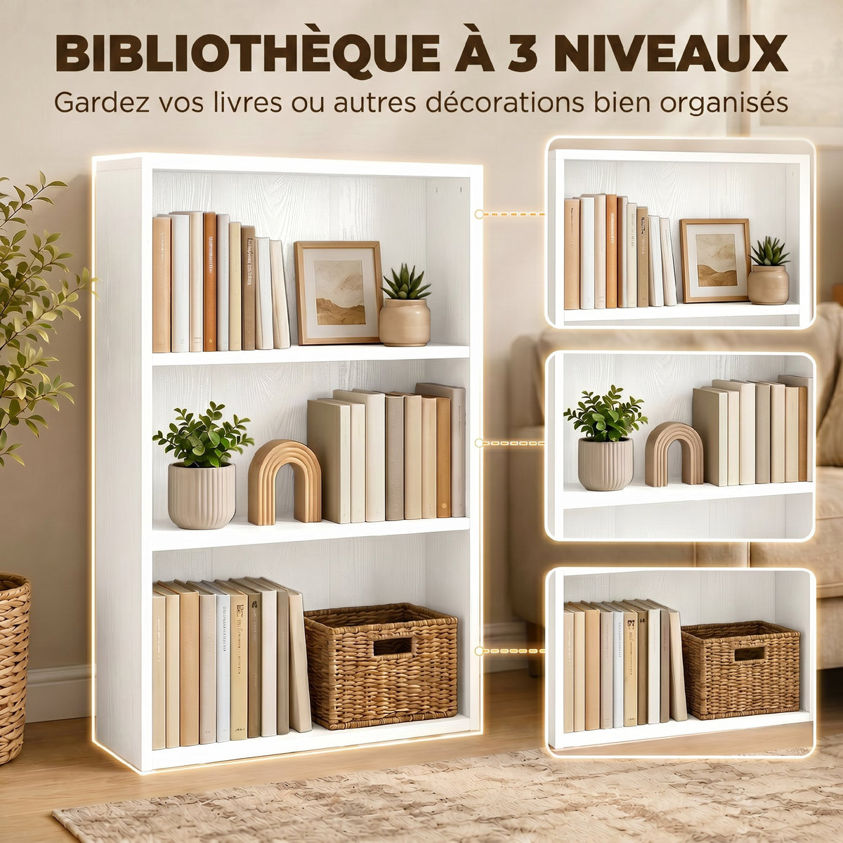 Bibliothèque étagère de rangement avec 3 compartiments et étagère réglable, 60 x 24 x 93 cm, blanc
