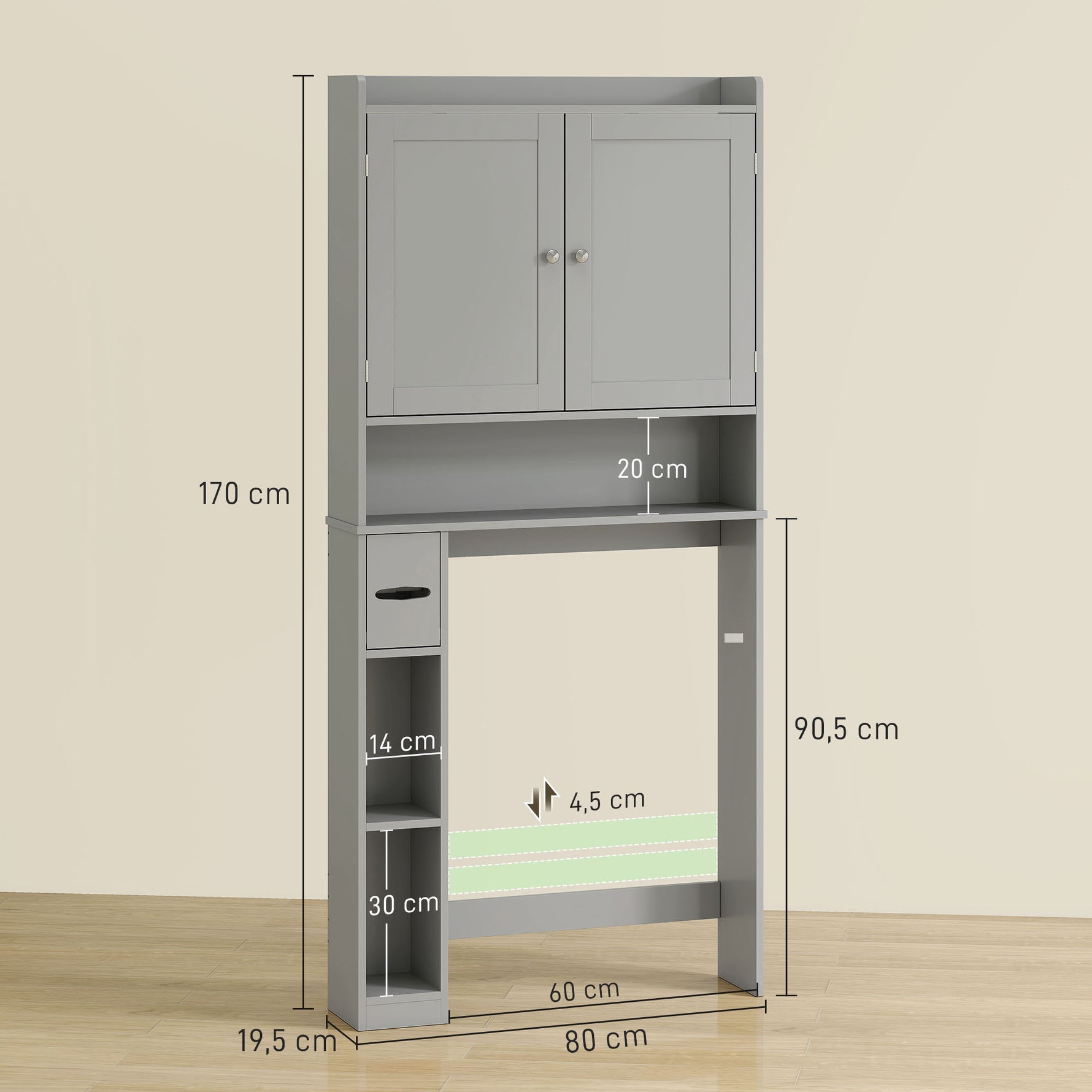 Meuble WC dessus de toilette ou machine à laver, 2 portes, 3 compartiments, porte-papier toilette, 80x19,5x170cm, gris