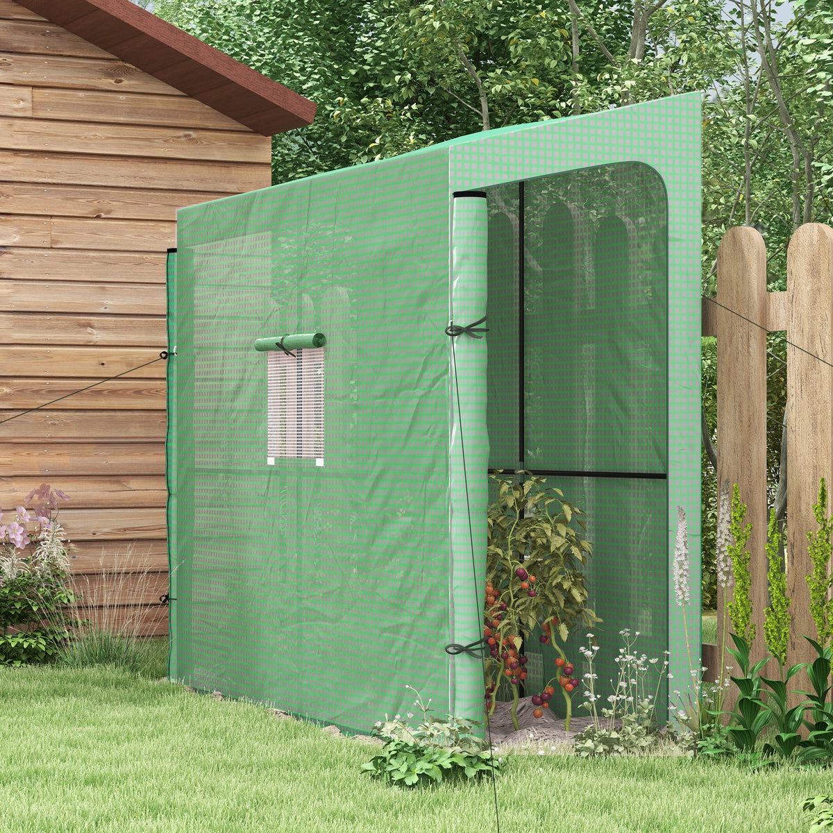 Serre de jardin adossée murale serre à tomate 2 Portes zippées enroulables, 1 fenetre, dim. 200L x 80l x 200/180H cm