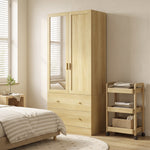 Armoire chambre penderie avec miroir, 2 portes, 2 tiroirs et barre de suspension, 80 x 50 x 180 cm, chêne