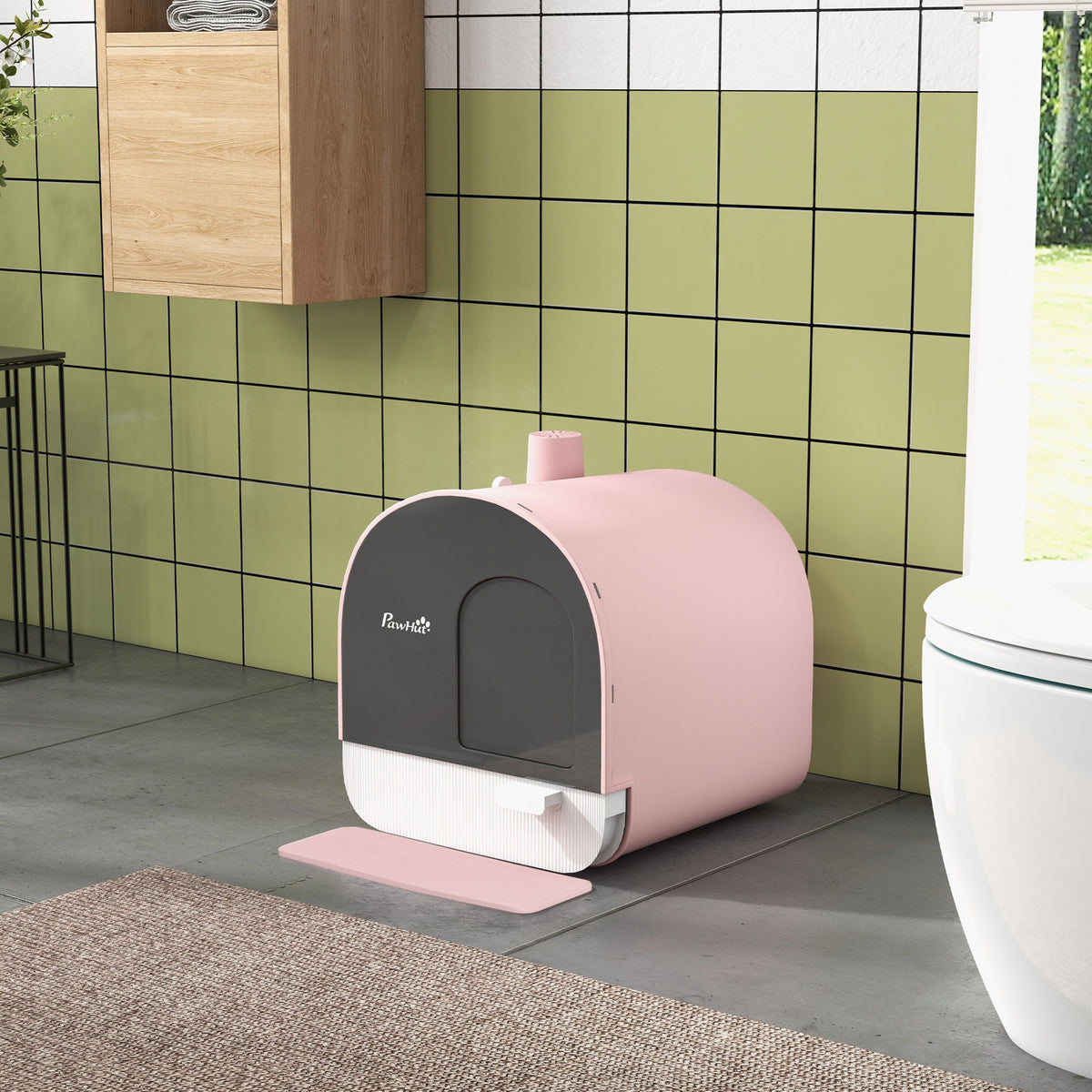 Bac à litière pour chat avec porte battante pelle et filtre inclus dim. 43L x 44l x 47H cm rose