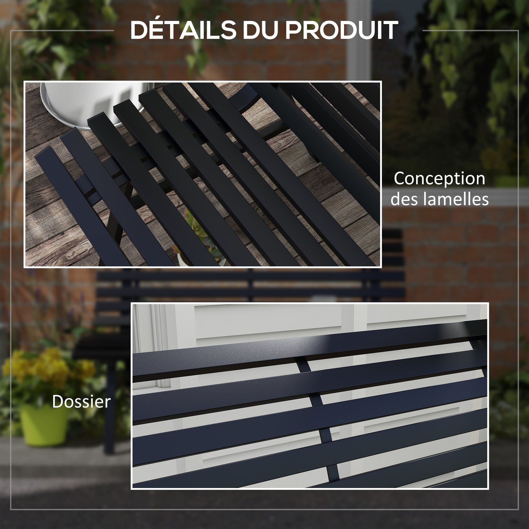 Banc de jardin extérieur 2 Places Assise Dossier à Lattes, en aluminium, dim. 123L x 67l x 79H cm, noir