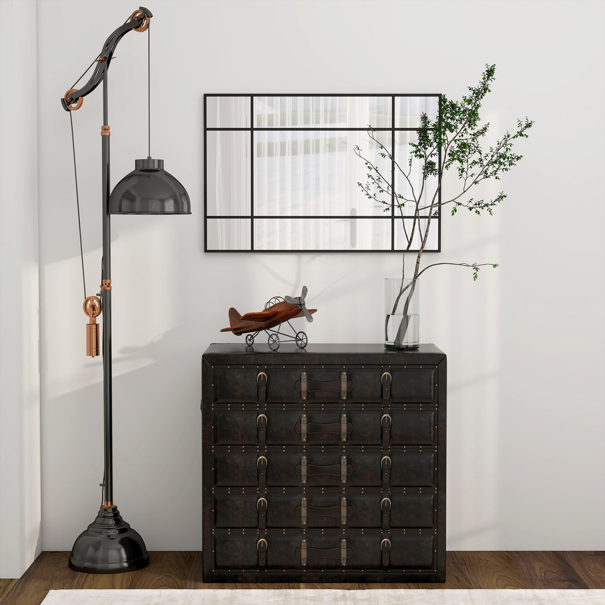 Miroir mural verrière rectangulaire style fenêtre, horizontal ou vertical avec 4 crochets, en métal noir - 90x60 cm