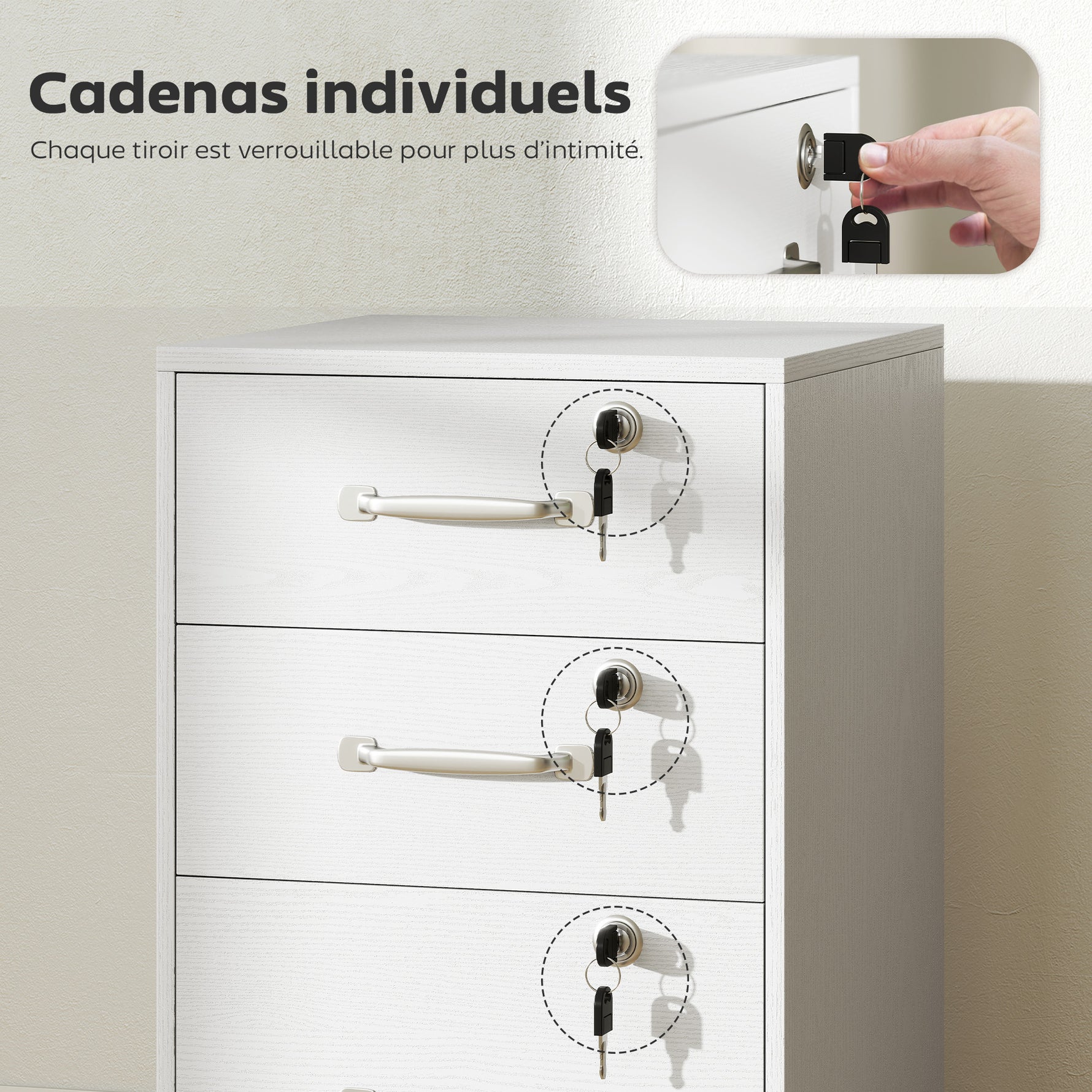 Caisson de Bureau Mobile avec 3 Tiroirs Verrouillables, Caisson de Rangement sur Roulettes, 40 x 40 x 69,5 cm, Blanc