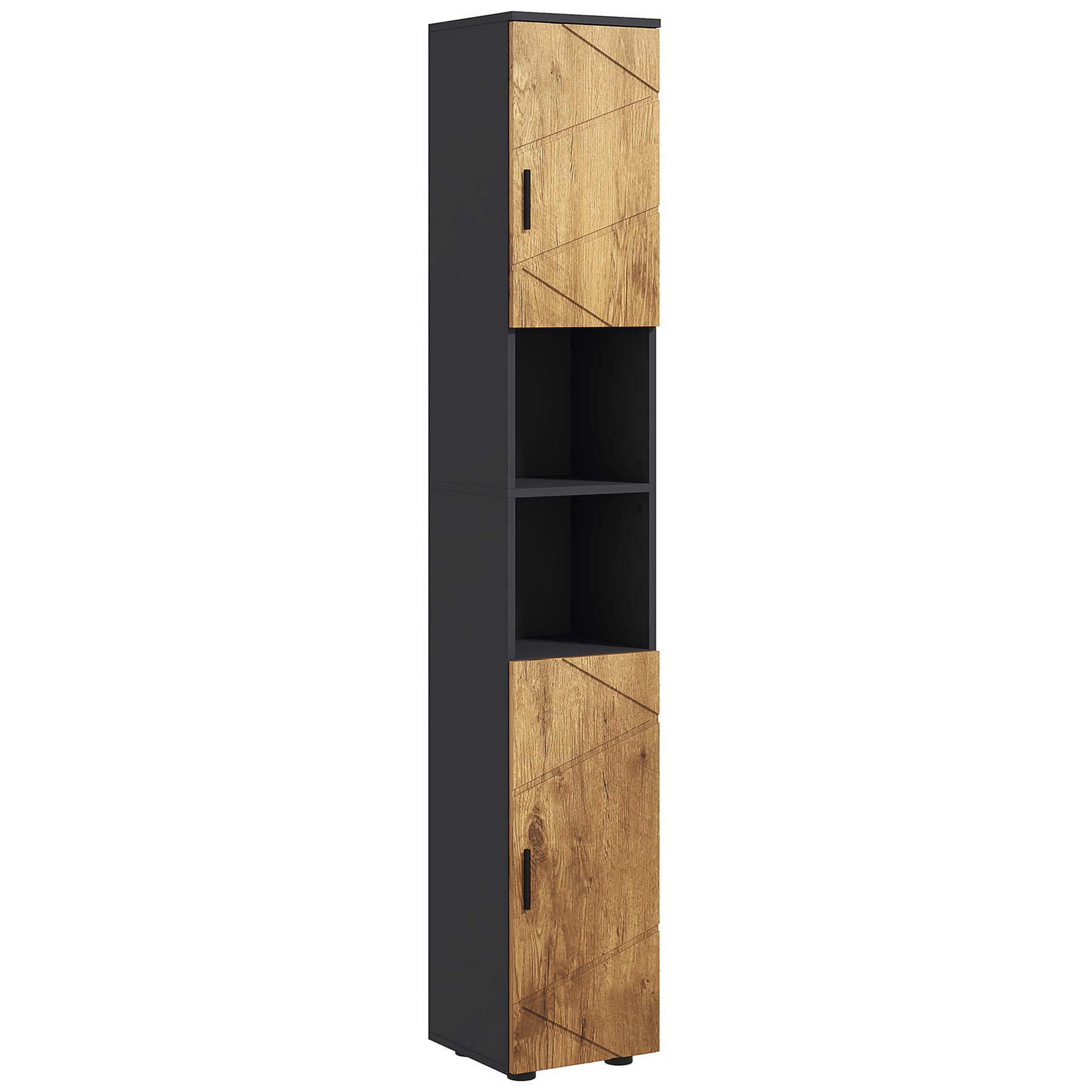Meuble colonne armoire rangement salle de bain 2 portes étagère réglable 2 niches 30 x 30 x 183 cm chêne gris foncé