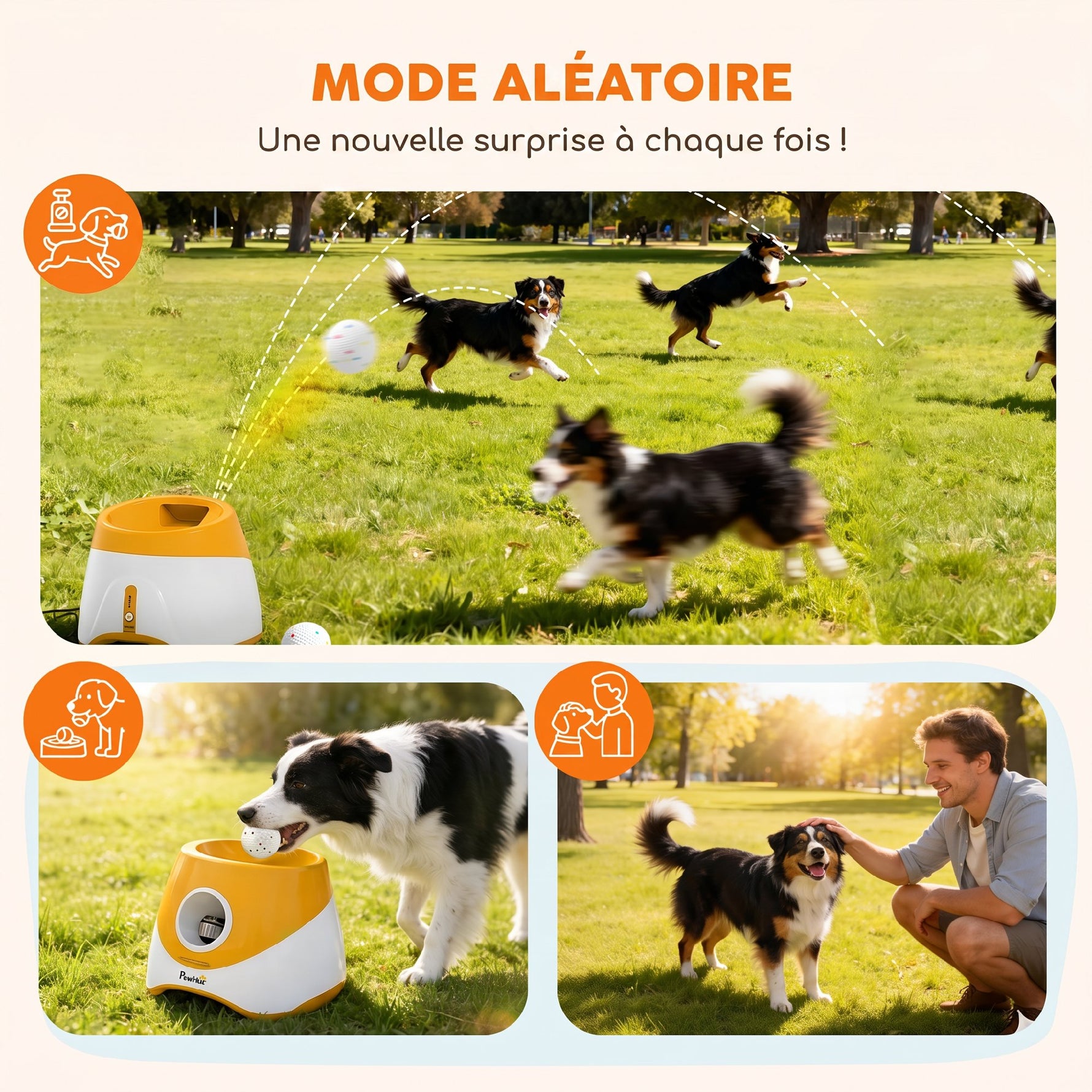 Lanceur de Balles Automatique avec 3 Balles en ETPU, 3 Réglages de Distance 6m/10m/14m, Intérieur et Extérieur, Orange