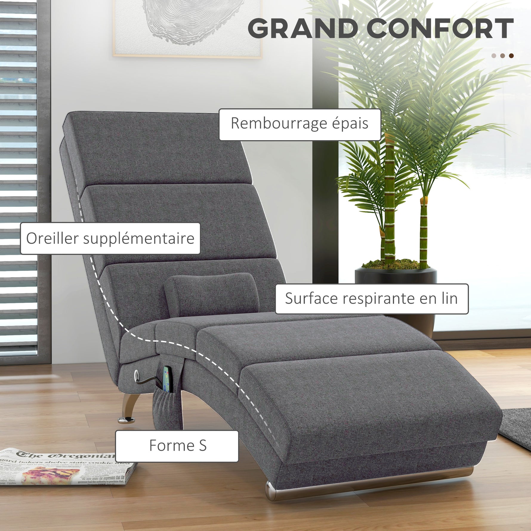 Fauteuil relax salon fauteuil de massage et chauffage meridienne avec télécommande et oreiller, tissu effet lin, gris