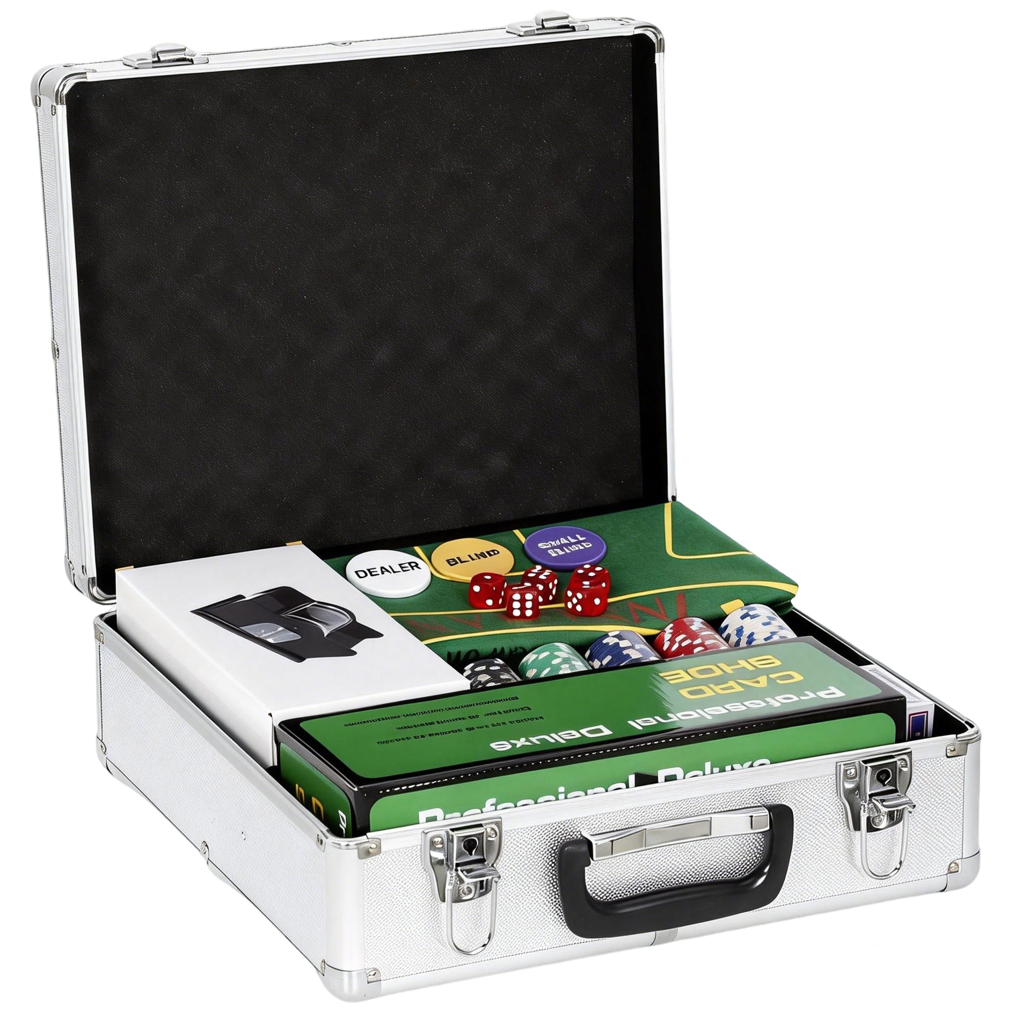 Poker-Koffer Komplettset 500 Chips, ABS-Gehäuse, Spielkarten, Würfel, Dealer-Button, Spielmatte, Schlüssel