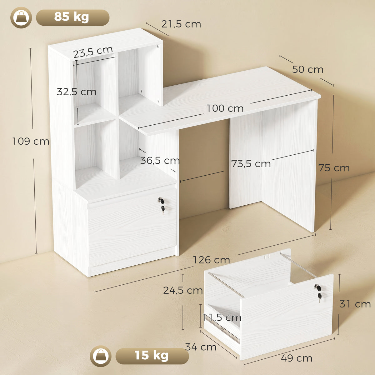 Scrivania con libreria a 4 scomparti e cassetto con serratura, 126 x 50 x 109 cm, venatura del legno bianca