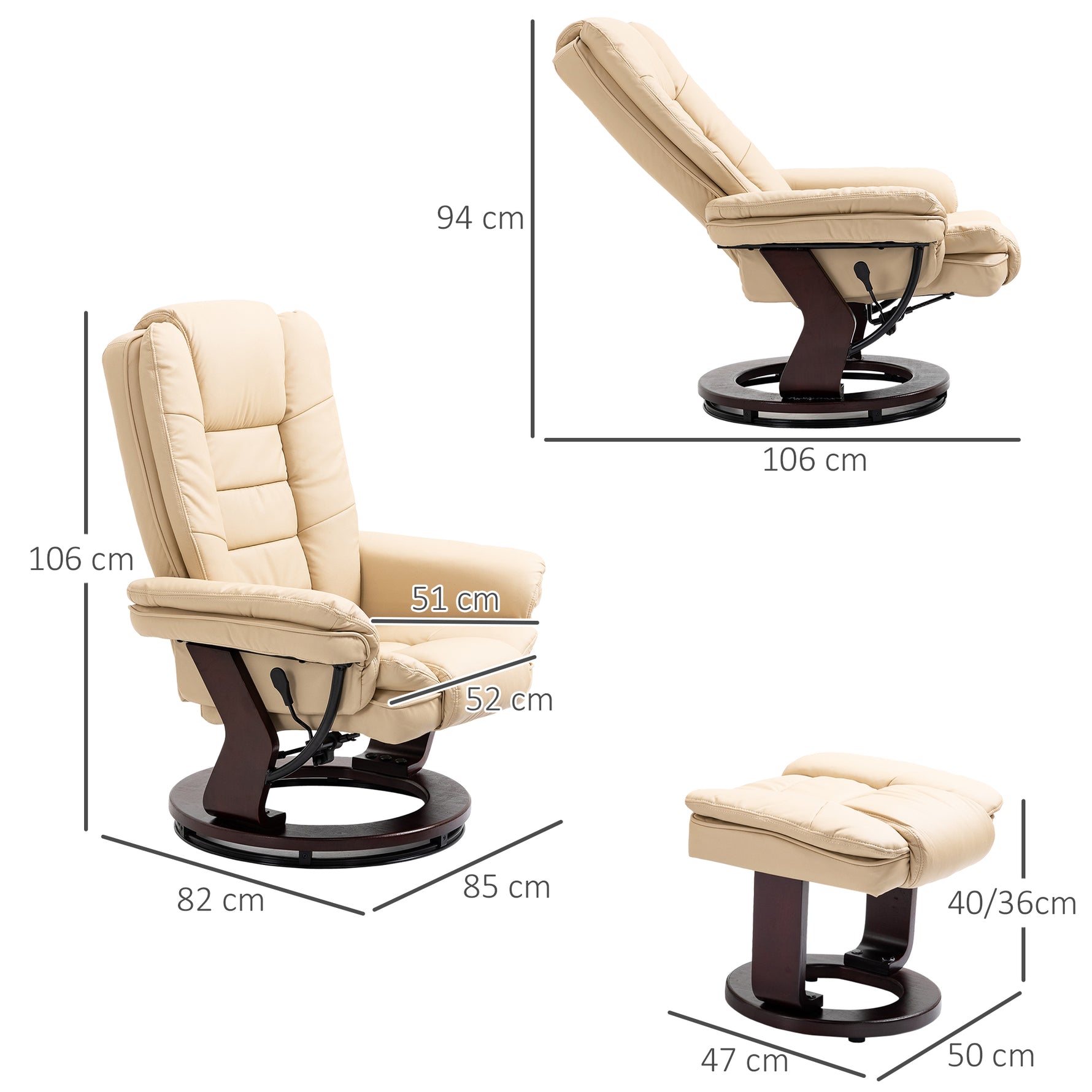 Fauteuil relax inclinable 135° grand confort pivotant 360° avec repose-pieds revêtement PU beige