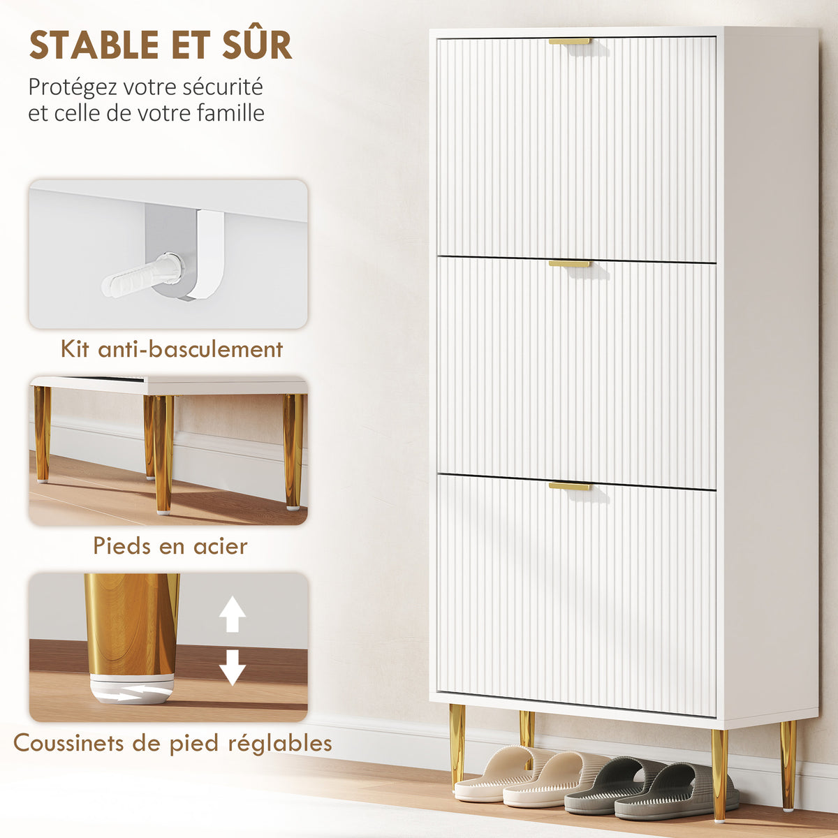 Meuble à chaussures 18 paires avec 3 tiroirs rabattables, portes cannelées et étagères réglables, 60x24x122,5cm, blanc