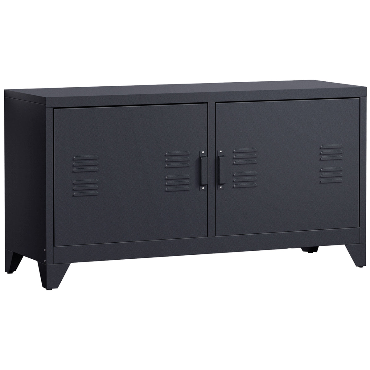 Meuble TV banc télévision design industriel 2 placards avec 2 étagères réglables passe-câbles structure acier noir