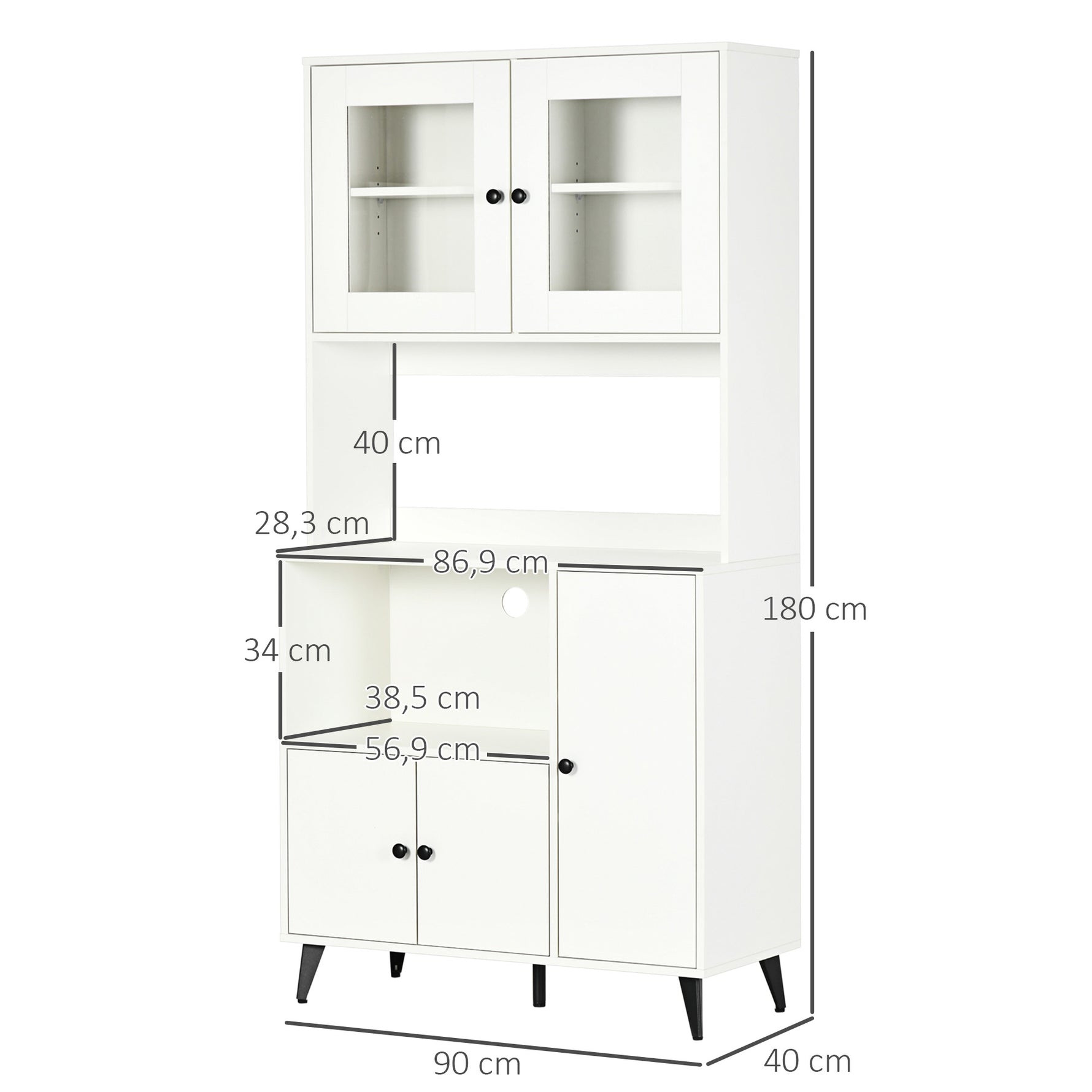 Armoire de cuisine avec 3 placards, niches, étagères réglables, portes vitrées, passe-câble, 90x40x180cm, blanc