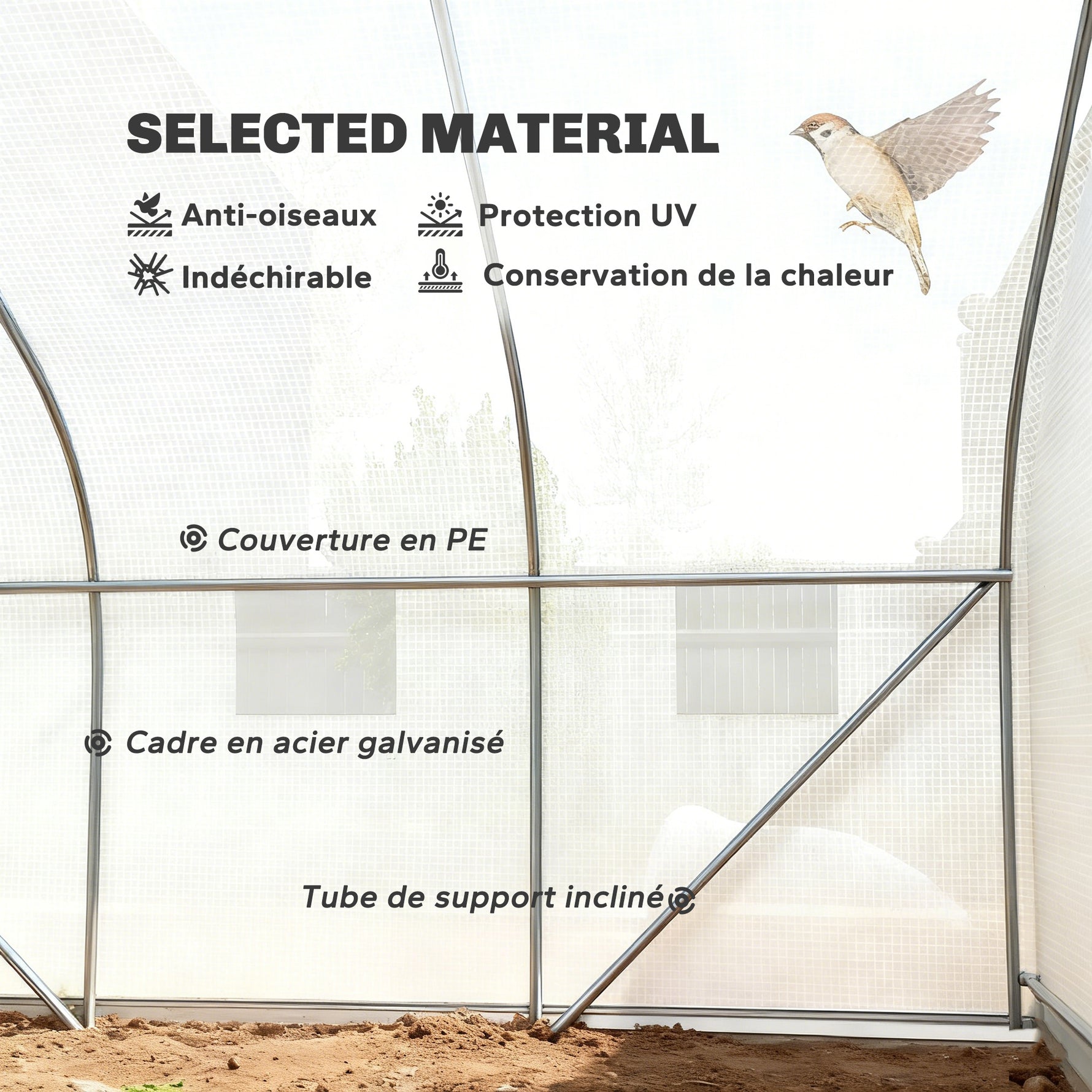 Serre Tunnel de Jardin 13,35 m² dim. 4,5L x 3l x 2H m Porte + 6 fenêtres enroulables Acier galvanisé bâche PE Haute densité Blanc