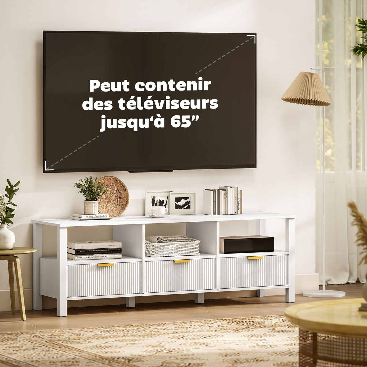 Meuble TV 152 cm, meuble télé pour téléviseur 65 pouces avec 3 tiroirs et 3 étagères ouvertes, 152x39,5x50cm, blanc