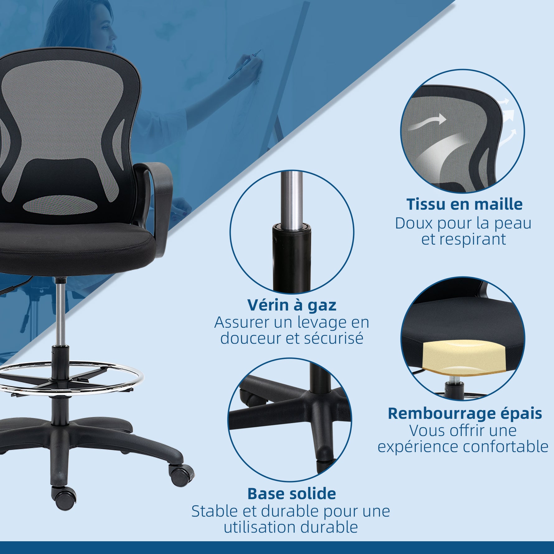 Lot de 2 fauteuils de bureau chaise de bureau assise haute réglable pivotant 360° maille respirante noir