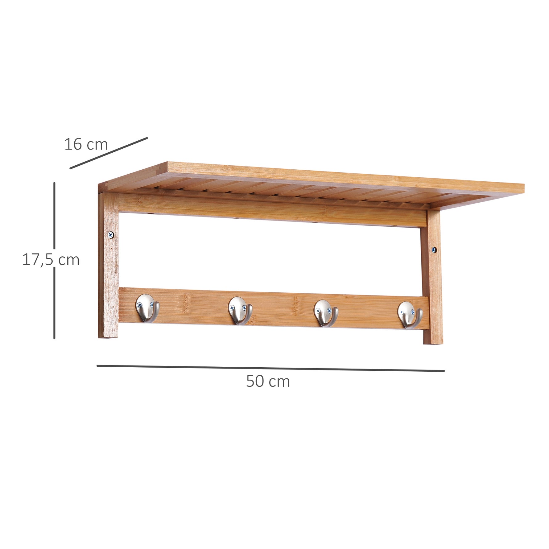 Porte-manteau mural penderie murale étagère 50L x 16l x 17,5H cm 4 patères kit fixation fourni bambou naturel