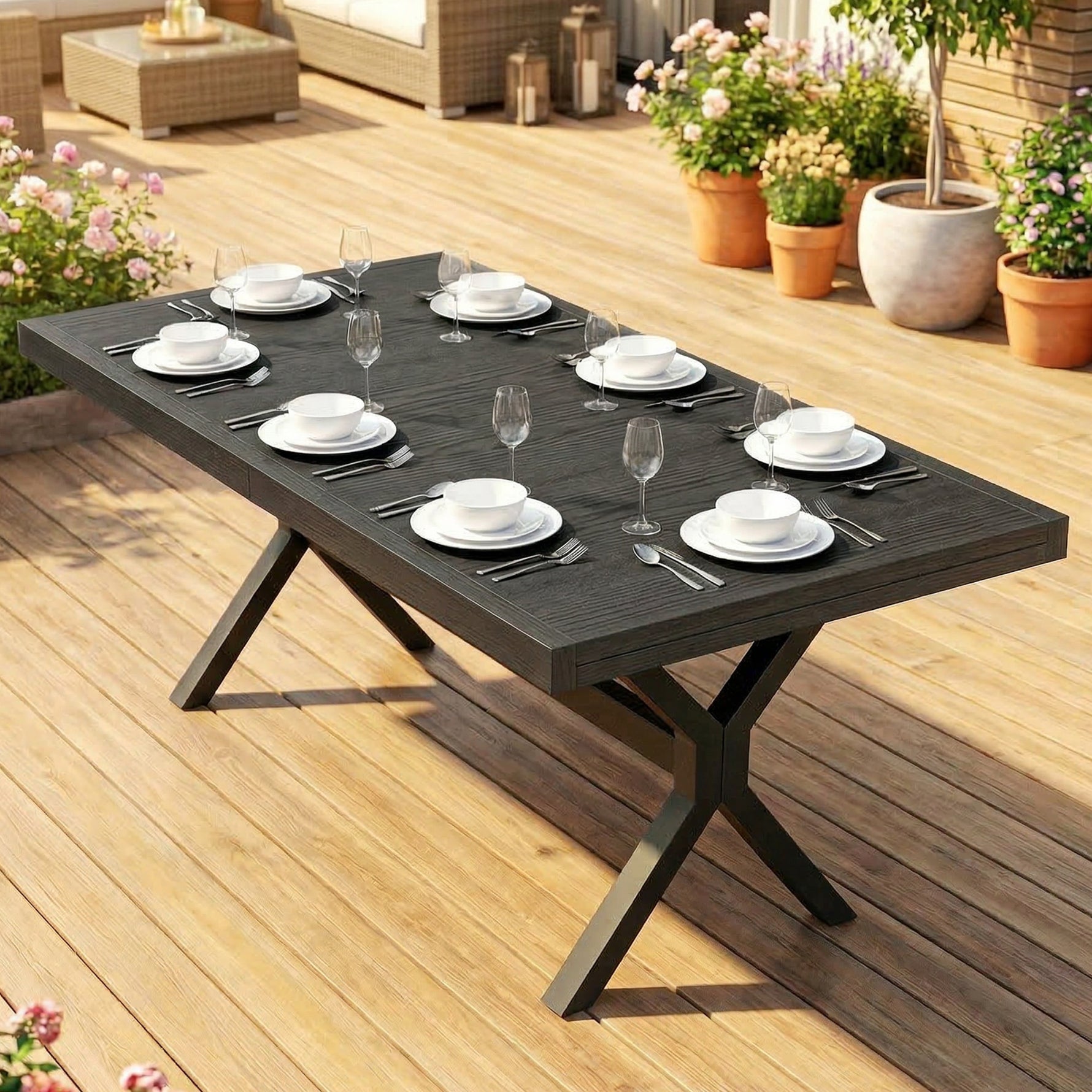 Table de Jardin Extensible Aluminium Table de Repas Extérieure Effet Bois 8-10 Personnes 214x85x73cm Gris Anthracite