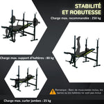 Banc de musculation Fitness entrainement complet dossier réglable cordes traction curler supports barre et haltères noir et jaune