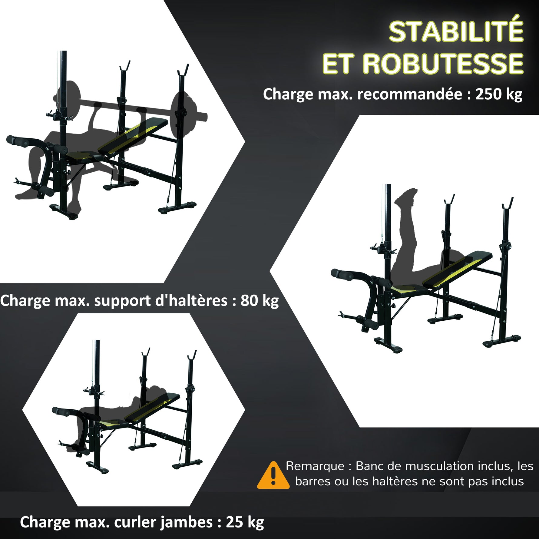 Banc de musculation Fitness entrainement complet dossier réglable cordes traction curler supports barre et haltères noir et jaune