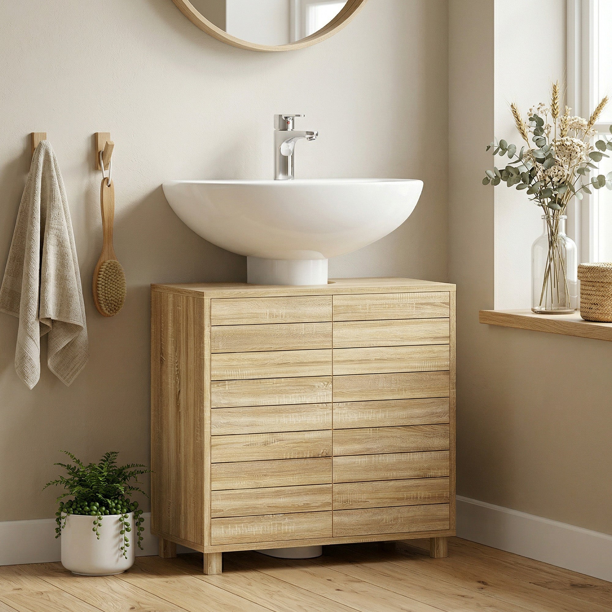 Meuble sous Lavabo, Découpe en Forme U, Portes à Lattes, Étagère Réglable, Ouverture par Pression, 60x30x60cm, Naturel