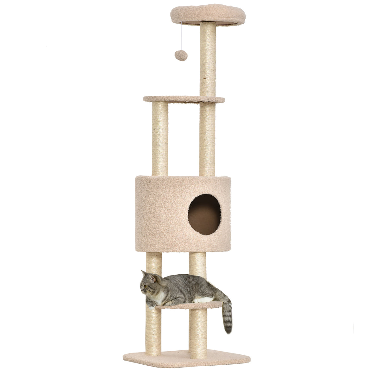 Krabpaal met krabplank, klimboom voor katten, kattenhuis en platforms, pluche met hoge dichtheid, 148 cm, beige