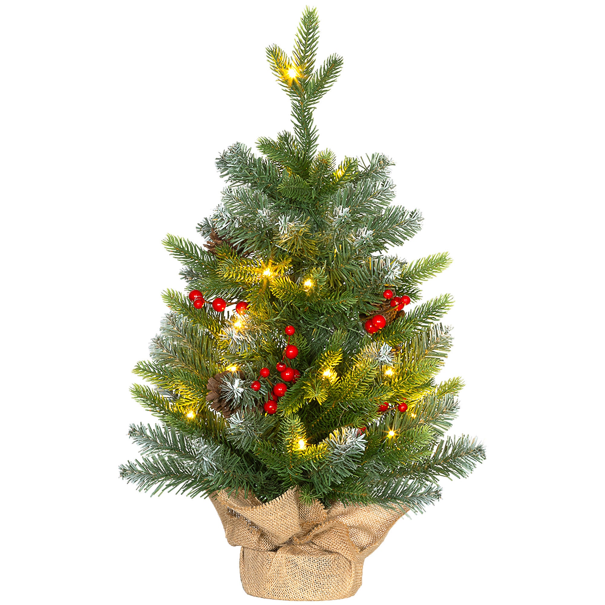 Sapin de Noël 60 cm arbre de Noël de table avec lumière LED, 141 pointes, pommes de pin et baies rouges, base en béton-0