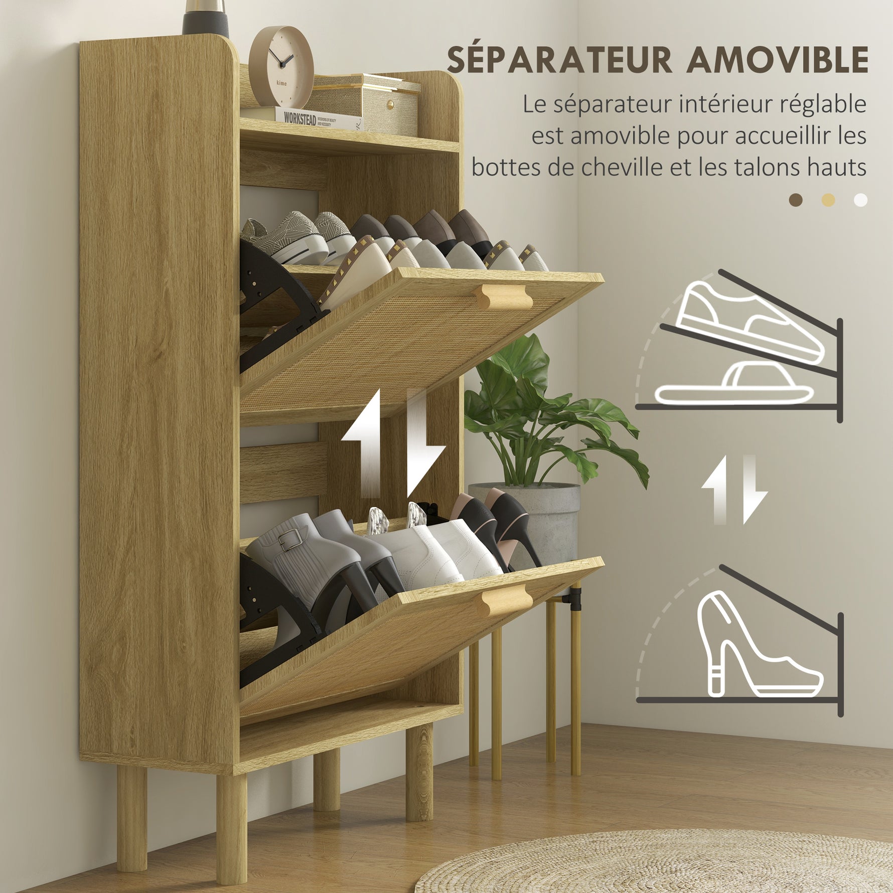 Meuble à chaussures 2 portes abattants étagère effet rotin tissé design bohème - dim. 80L x 24,5l x 110H cm