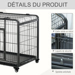 Cage pour chien pliable cage de transport sur roulettes 2 portes verrouillables plateau amovible dim. 94L x 58l x 69,5H cm métal gris noir