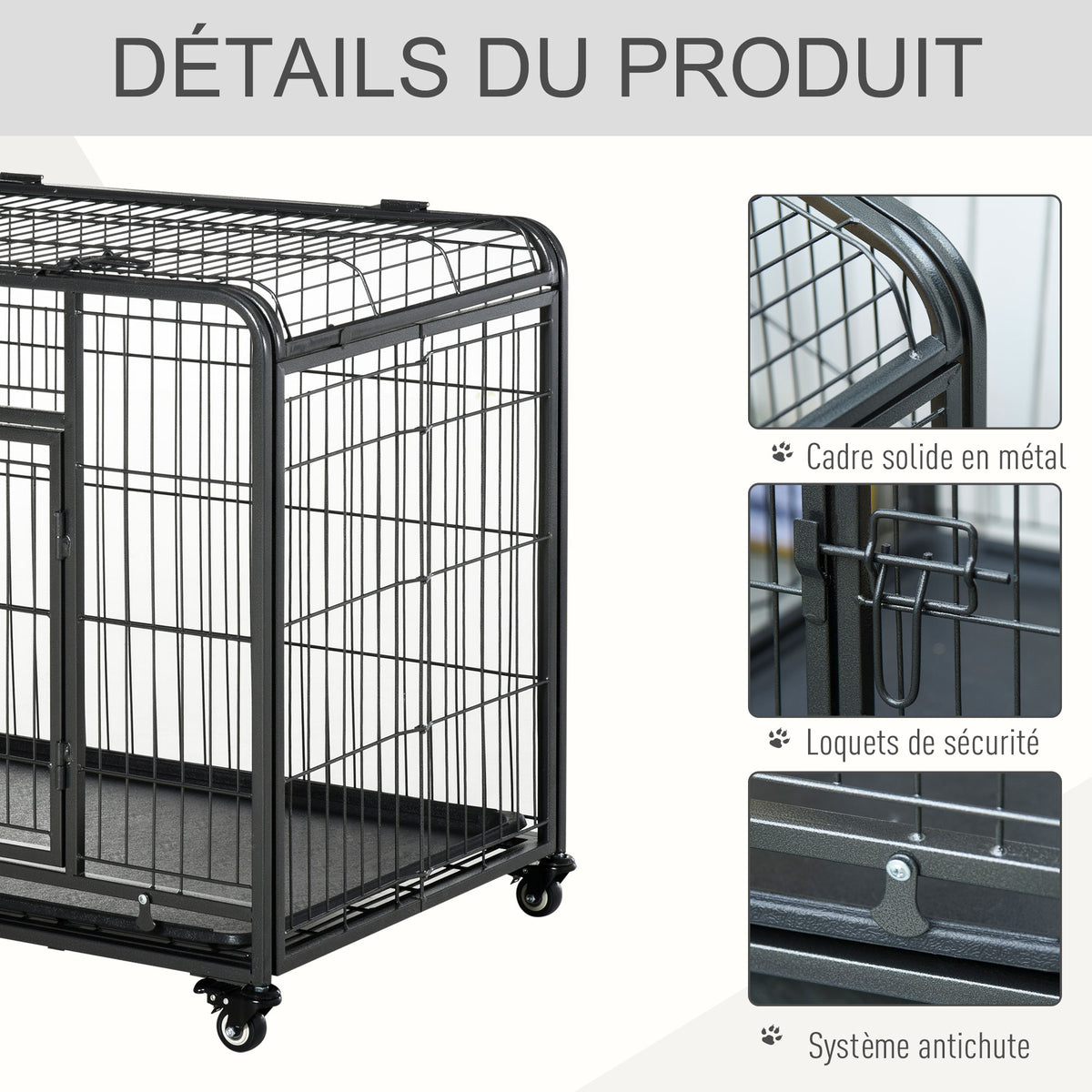 Cage pour chien pliable cage de transport sur roulettes 2 portes verrouillables plateau amovible dim. 94L x 58l x 69,5H cm métal gris noir