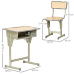 Bureau enfant Vintage style pupitre d'écolier - ensemble bureau et chaise réglable - case de rangement, bracket, range-stylos - acier kaki MDF aspect bois clair