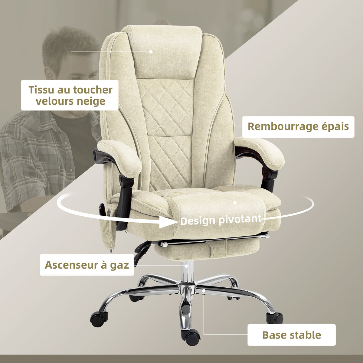 Fauteuil de bureau massant et chauffant hauteur réglable dossier inclinable télécommande repose-pieds rétractable beige