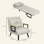 Fauteuil convertible 4 en 1 lit 1 place dossier 5 positions, accoudoirs en bois et coussin, tissu effet velours, crème