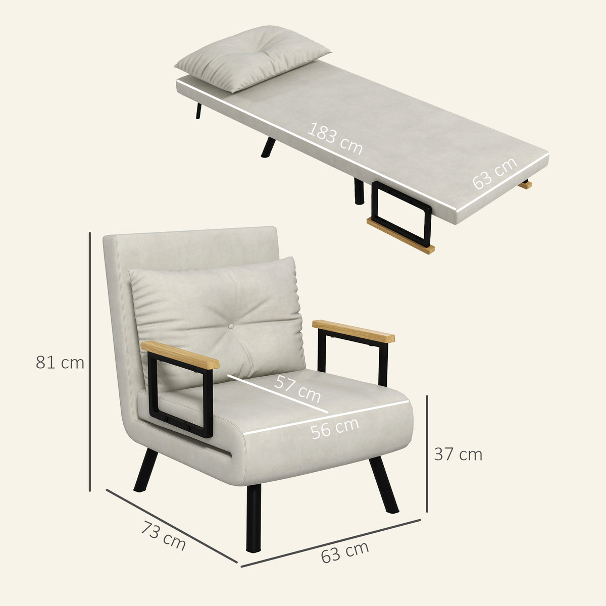 Fauteuil convertible 4 en 1 lit 1 place dossier 5 positions, accoudoirs en bois et coussin, tissu effet velours, crème