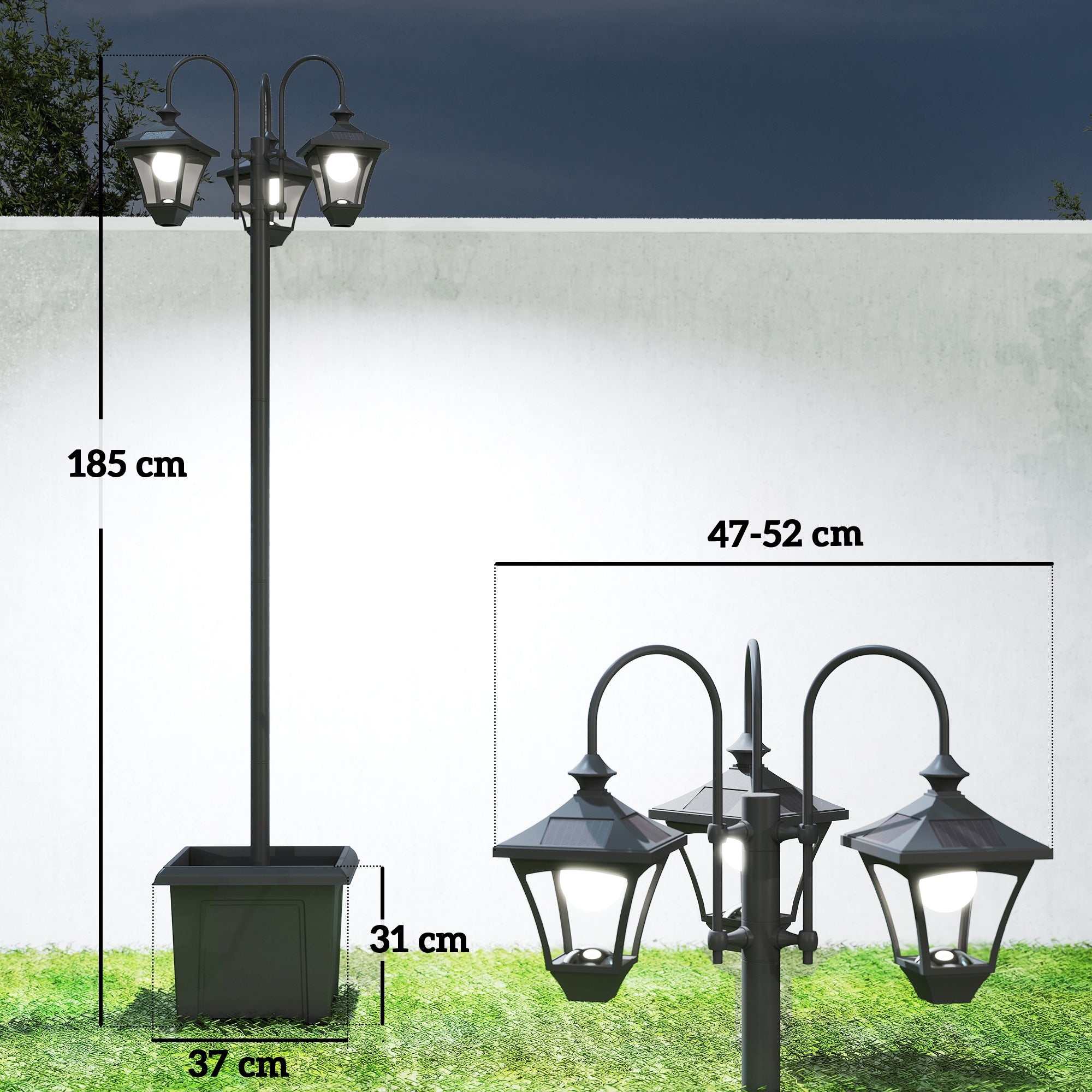 Lampadaire Extérieur sur Pied à 3 Têtes avec Bac à Fleurs, Capteur Automatique Crépuscule à L'aube, 52x52x185cm, Noir