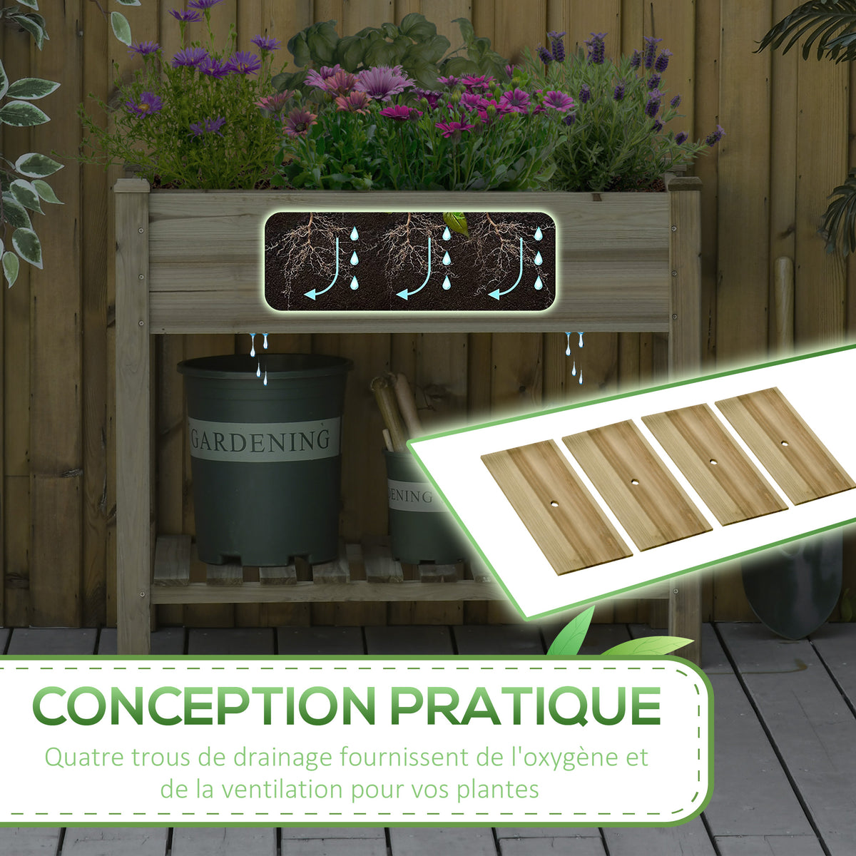 Jardinière surélevée avec Étagère de Rangement en Bois, Carré Potager sur Pied surélevé, Trous de Drainage