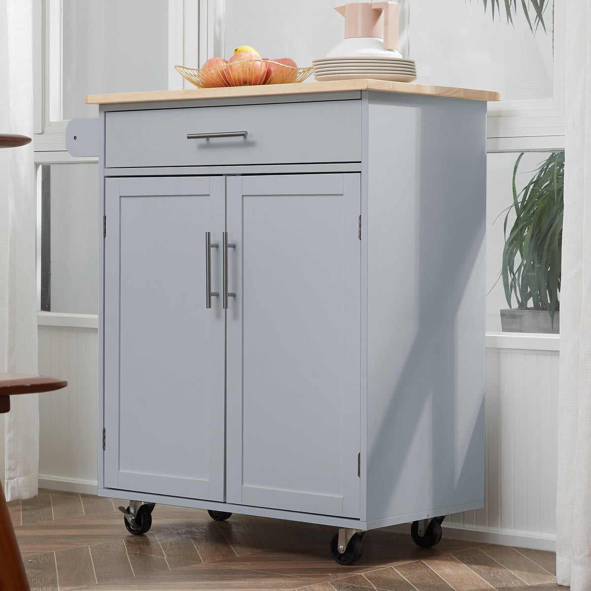 Carrito de cocina con ruedas, carrito de servicio, isla de cocina con cajón, armario y toallero - gris